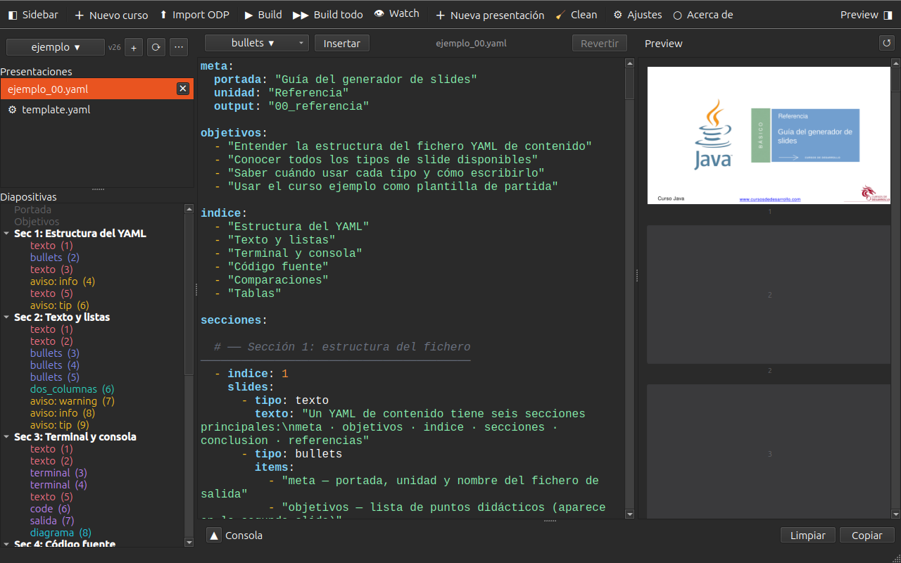 Temario — ventana principal con editor YAML y árbol de slides