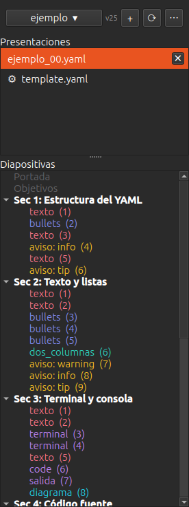 Sidebar con selector de curso y árbol de diapositivas
